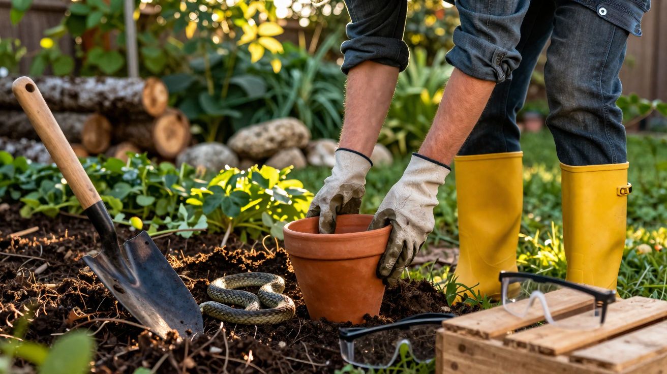 Person in yellow boots and gloves placing a terracotta pot in a garden bed near a shovel and coiled snake.