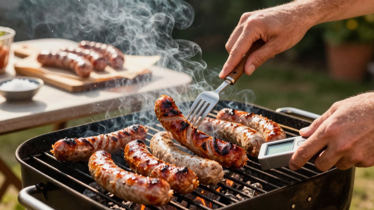 Hands grilling sausages on a barbecue with smoke rising, using a fork and a food thermometer outdoors.