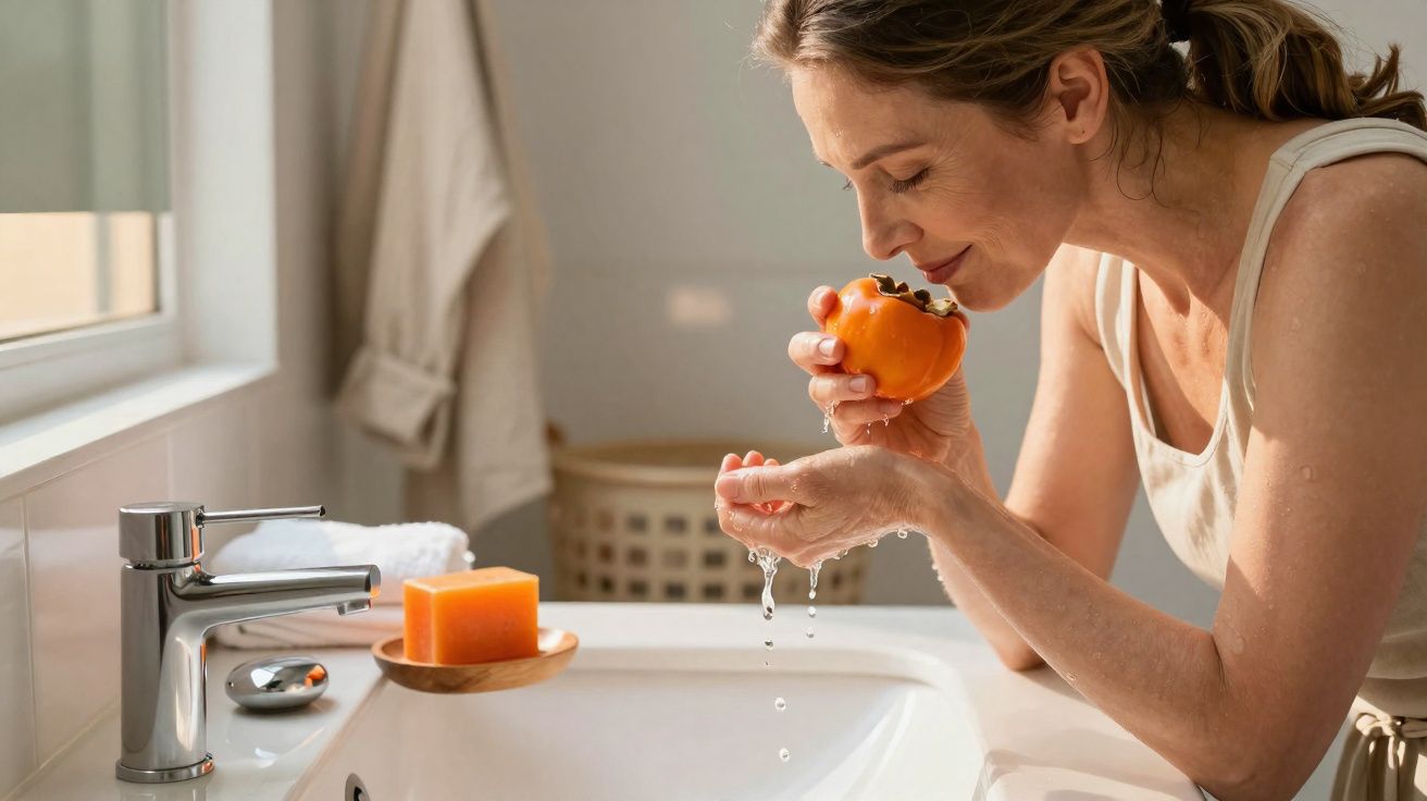 Woman squeezing juice from a ripe persimmon over a bathroom sink in natural light.