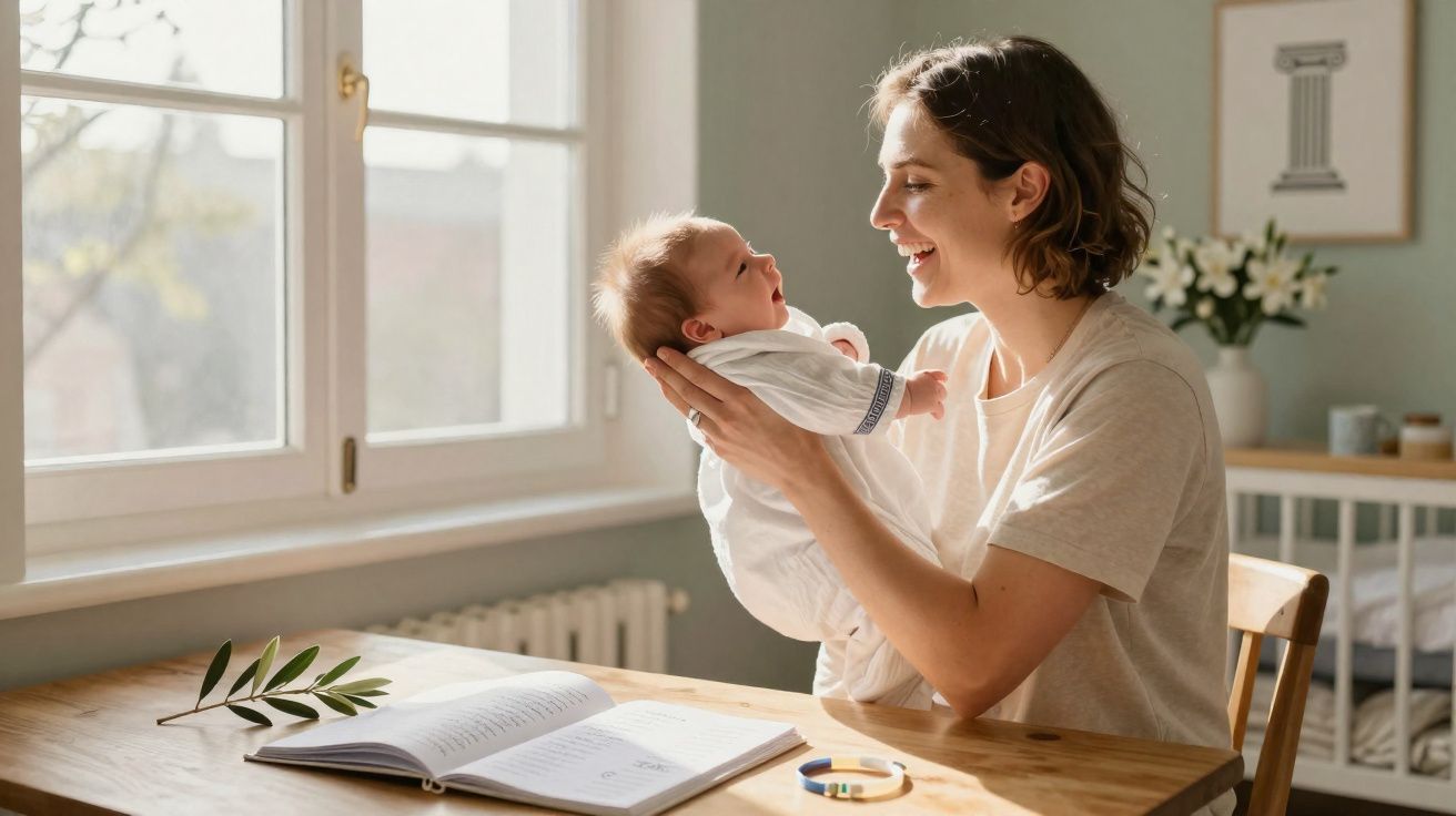 Woman holding and smiling at a baby in a sunlit room with an open book on the table.