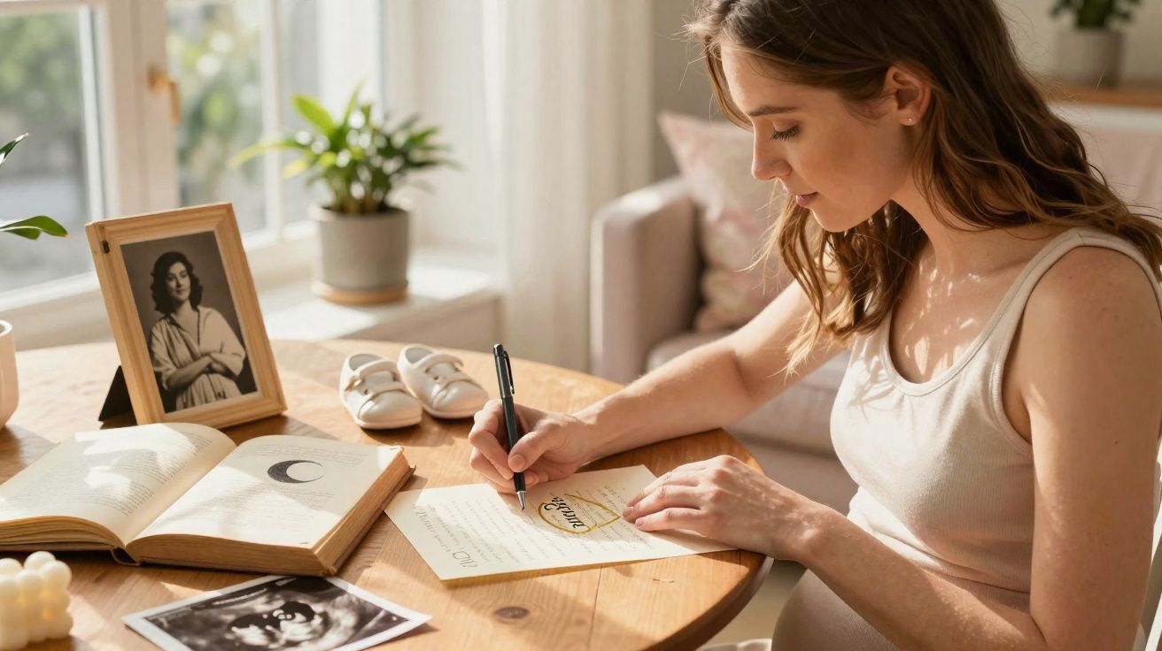 Pregnant woman writing a note at a wooden table with baby shoes, photo, book, and ultrasound scan nearby.
