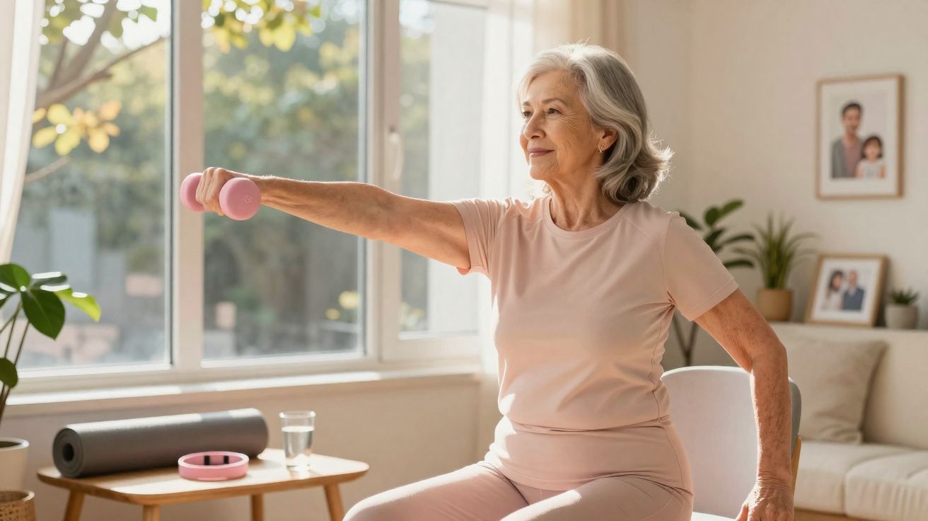 Older woman exercising with a pink dumbbell, seated near a window in a bright, cosy living room.