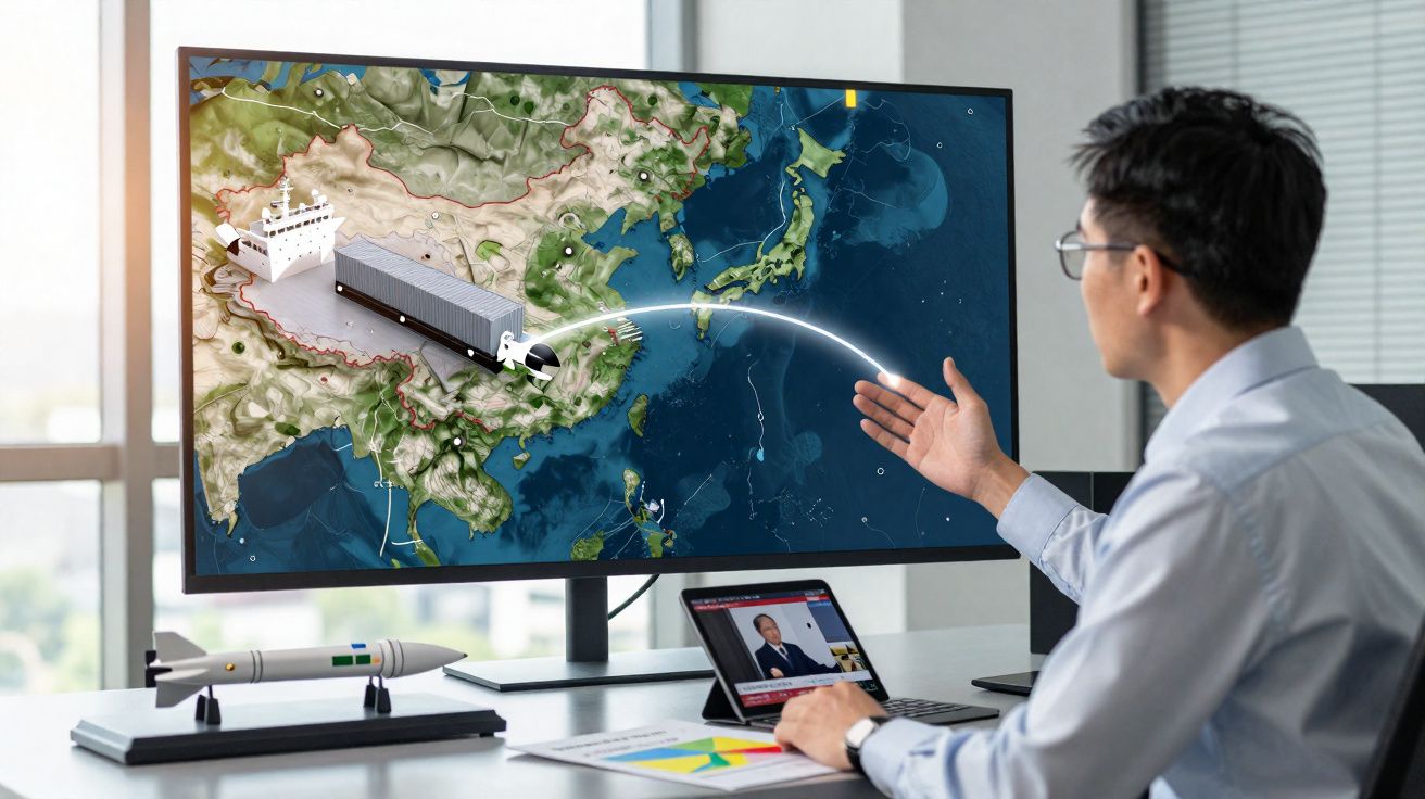 Man in an office pointing at a screen showing a digital map with a truck and cargo ship route in East Asia.