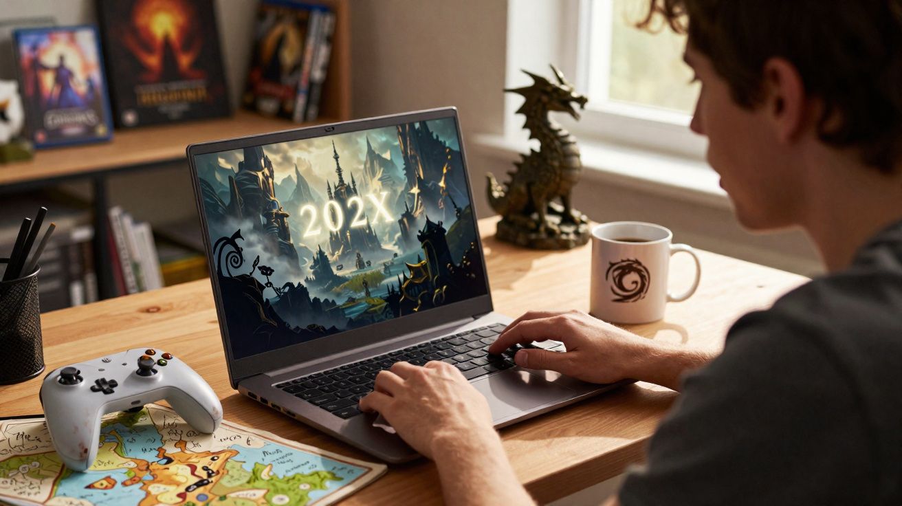 Person using a laptop showing a fantasy game scene with "202X" text, a game controller, mug, and dragon figurine nearby.