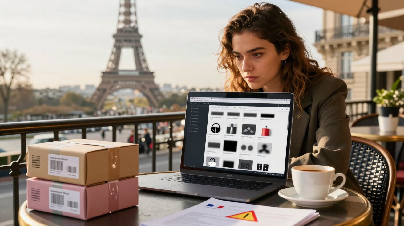 Woman working on a laptop at a Parisian cafe with the Eiffel Tower in the background, boxes and coffee on the table.