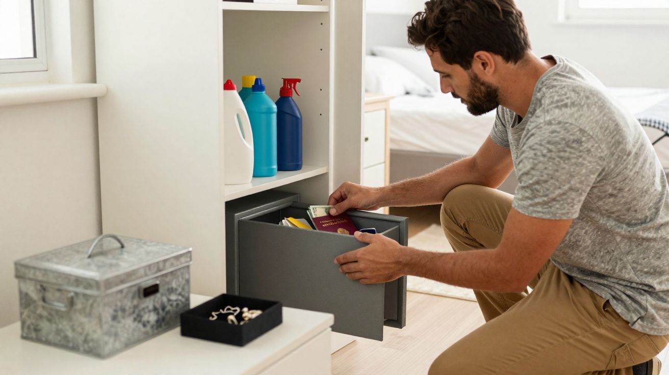 Man crouching to place documents including a passport into a small safe in a tidy room.