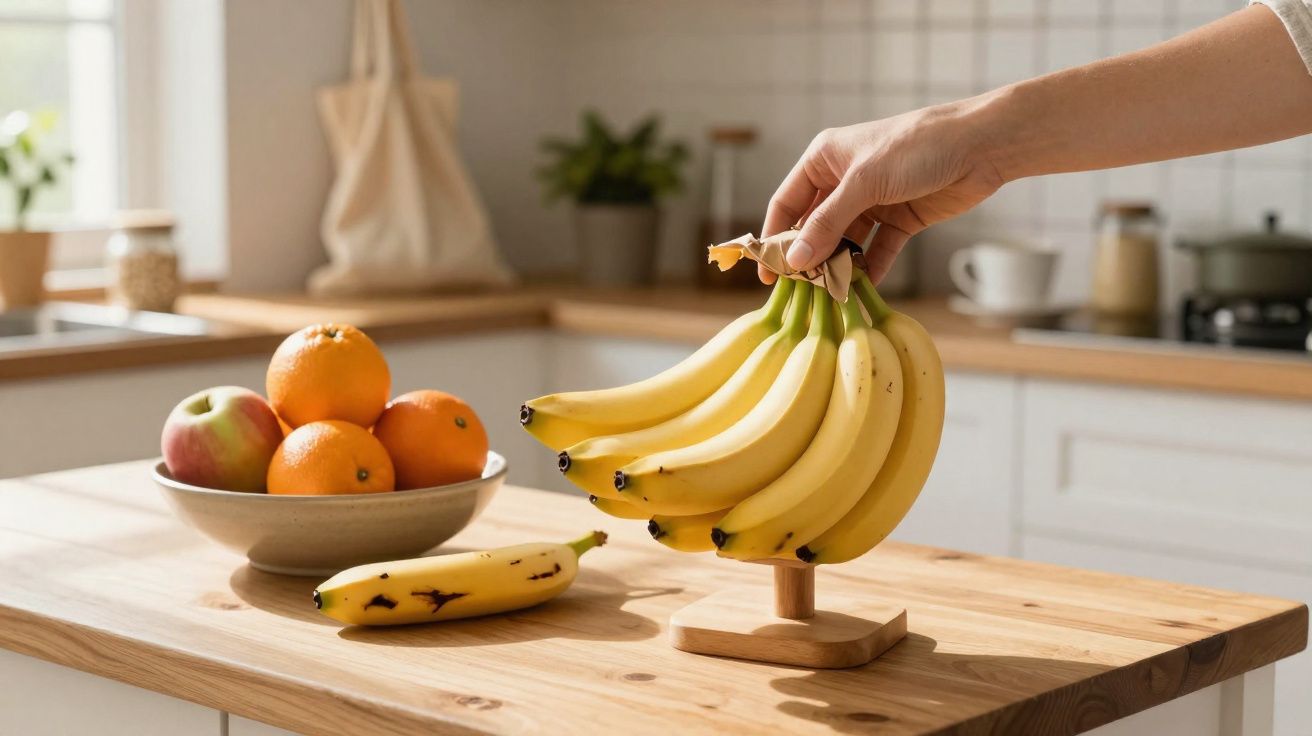 Hand placing a bunch of bananas on a wooden banana holder on a kitchen table with a bowl of fruit nearby.