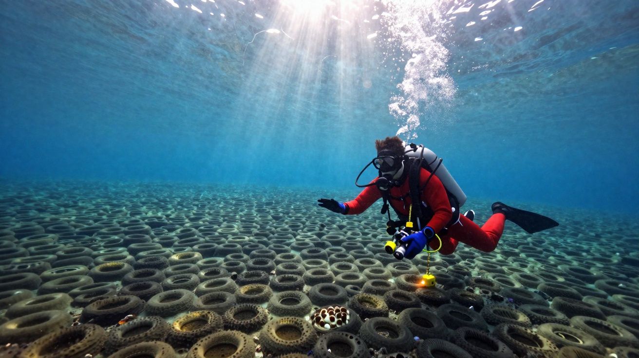 Diver in red wetsuit underwater examining a sea floor covered with tyres under sunlight rays.