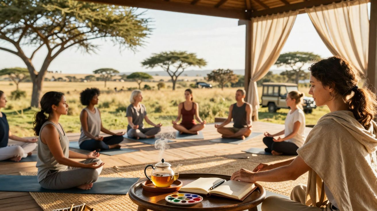 Group of women practising yoga outdoors in a safari setting with tea and journal on a table nearby.