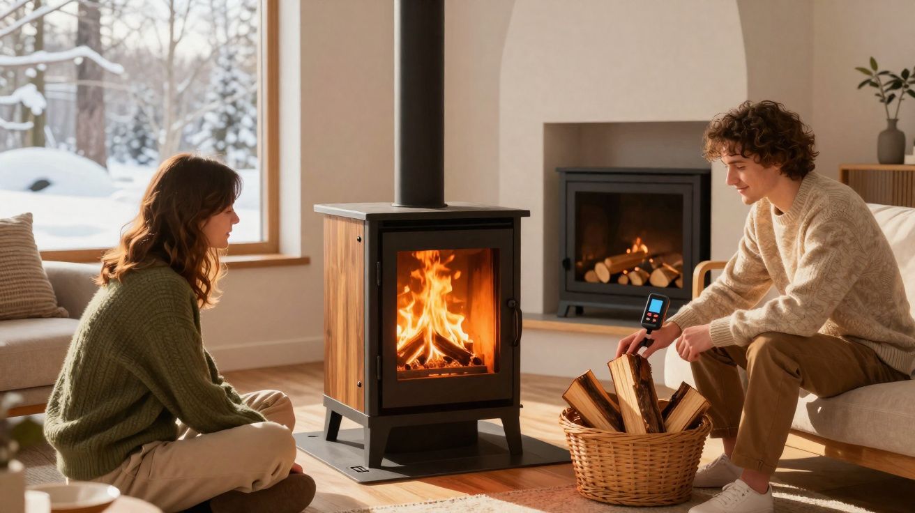 Young couple warming by a wood-burning stove in a cosy living room with snowy window views.