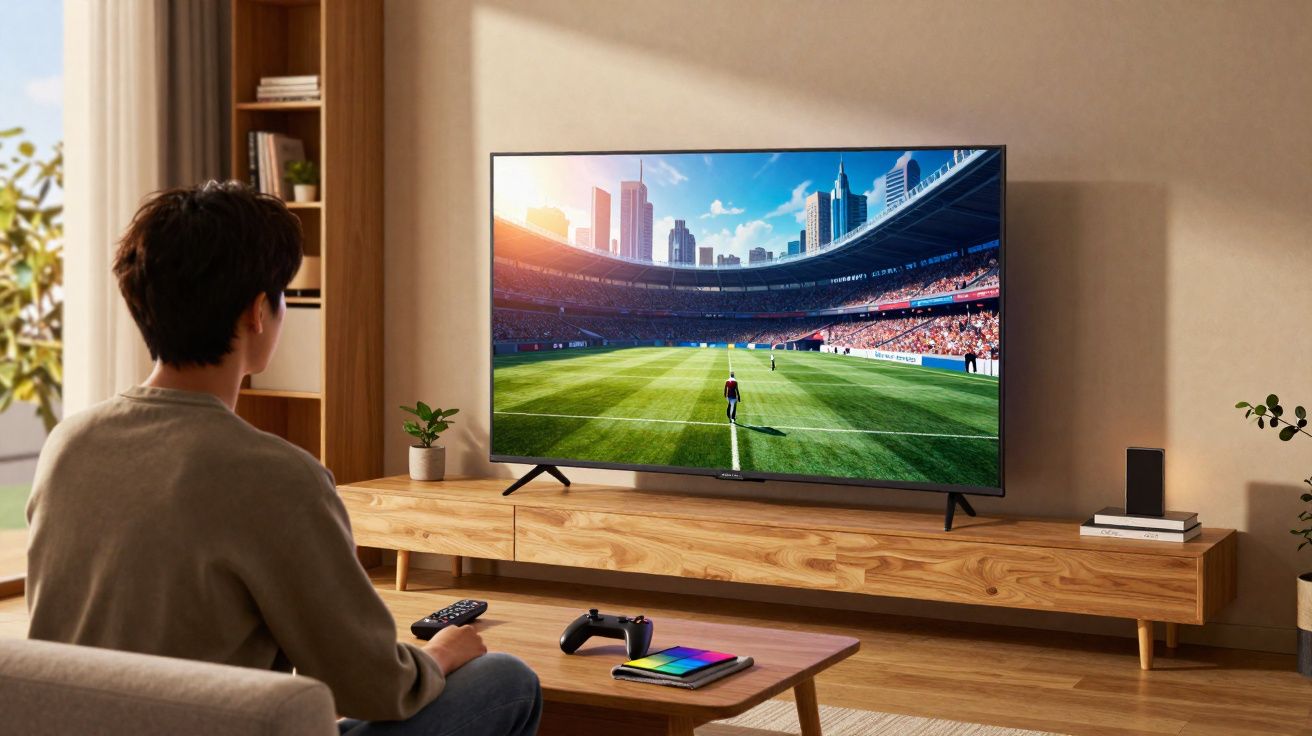Person sitting on a sofa playing a football video game on a large TV in a bright, modern living room.