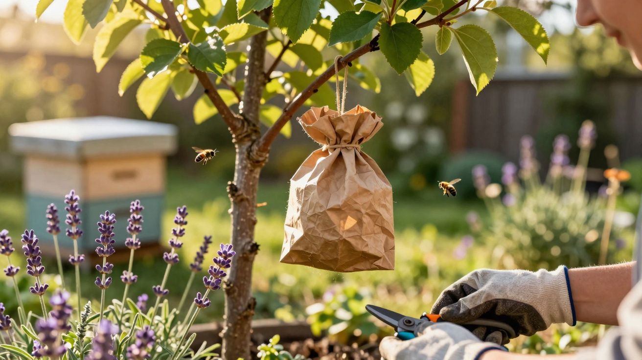 Bees flying near a small tree with a hanging paper bag in a garden with lavender and a person pruning plants.
