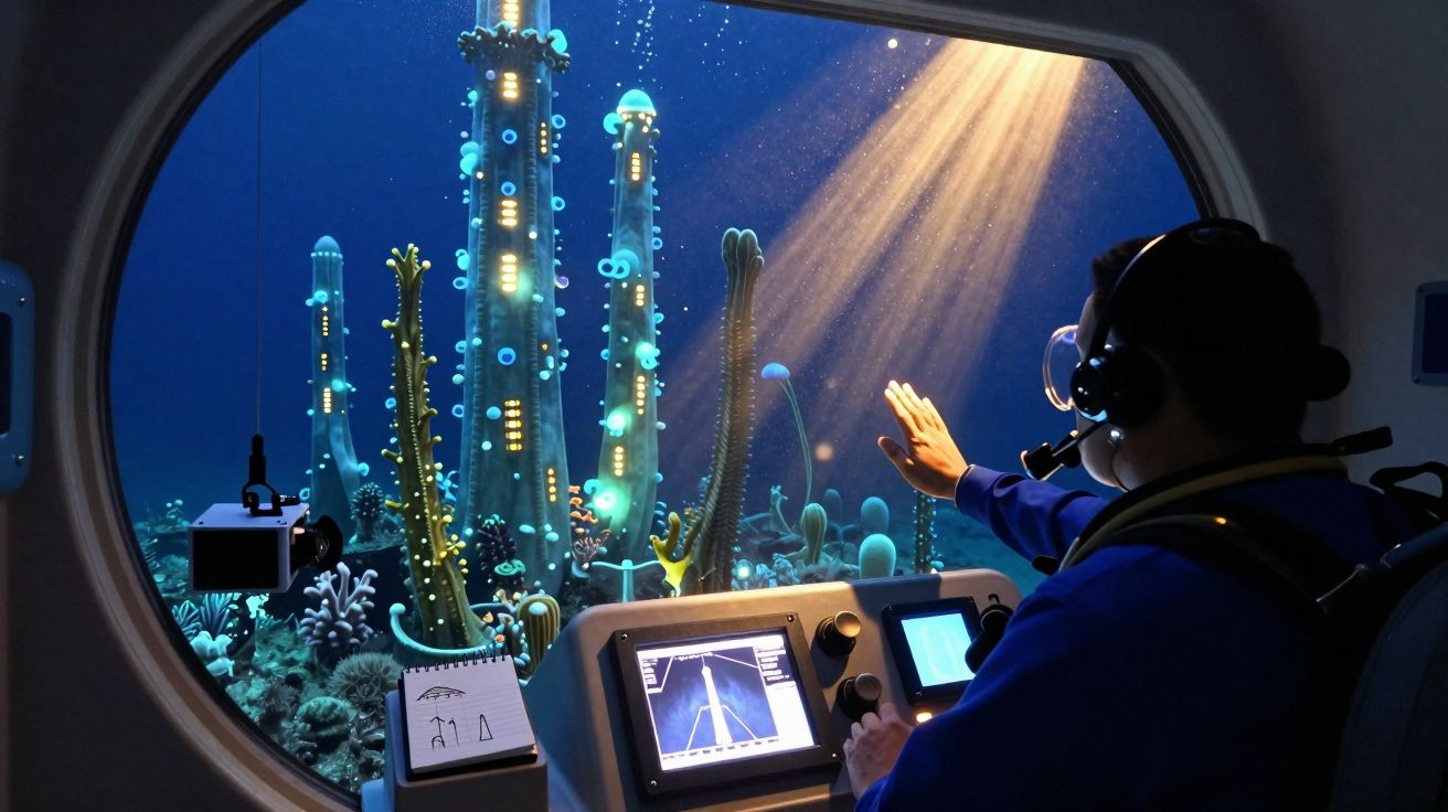 Person inside a submarine reaching towards glowing underwater plants illuminated by a beam of light through a porthole window