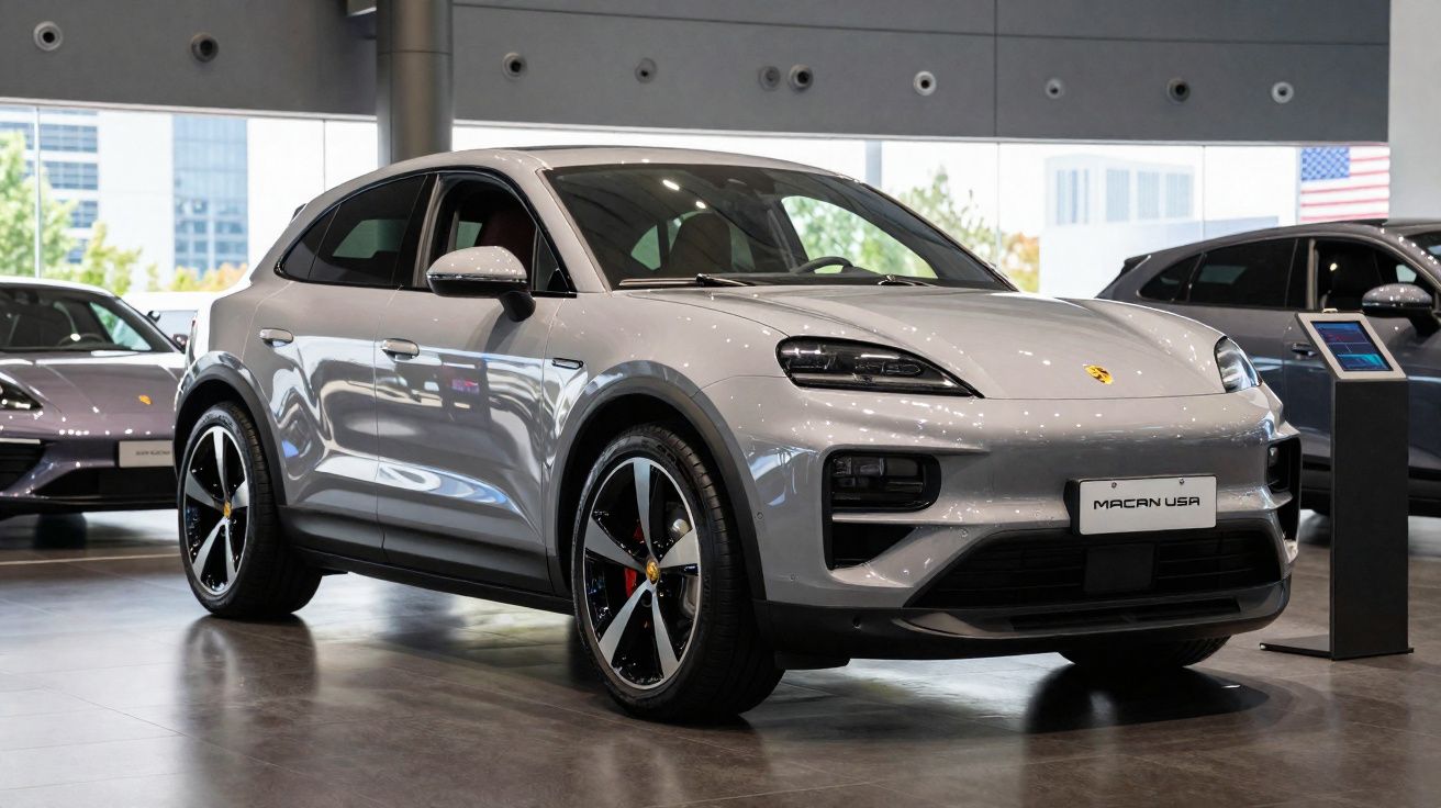 Silver Porsche Macan SUV displayed inside a modern showroom with large windows and polished floors.