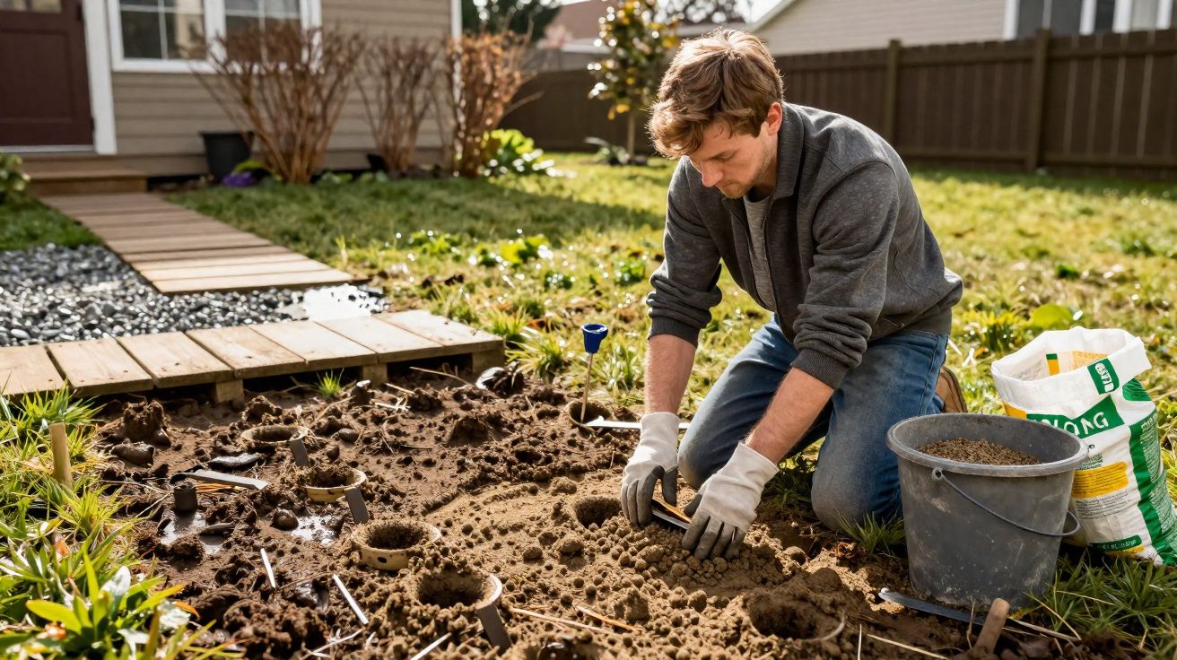 Man wearing gloves kneels on soil preparing garden beds with tools and soil bags in a backyard.