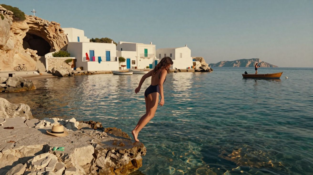Woman in a black swimsuit jumping off a rocky shore into clear sea water near white coastal houses.