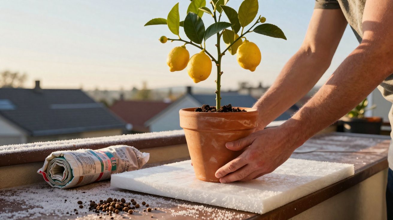 Person placing a lemon tree in a terracotta pot on a balcony table at sunset with gardening soil nearby.