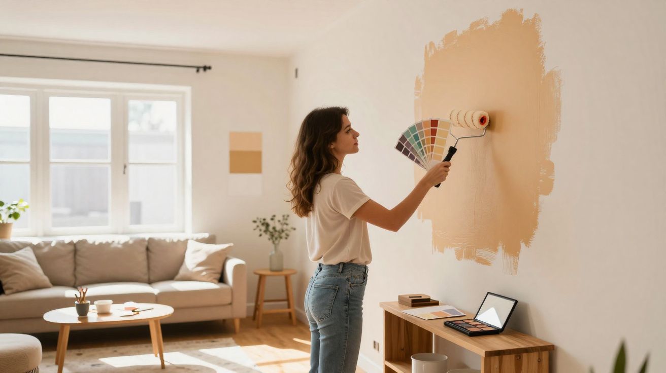 Woman holding paint roller and colour swatches, painting wall beige in modern living room with sofa and plants.