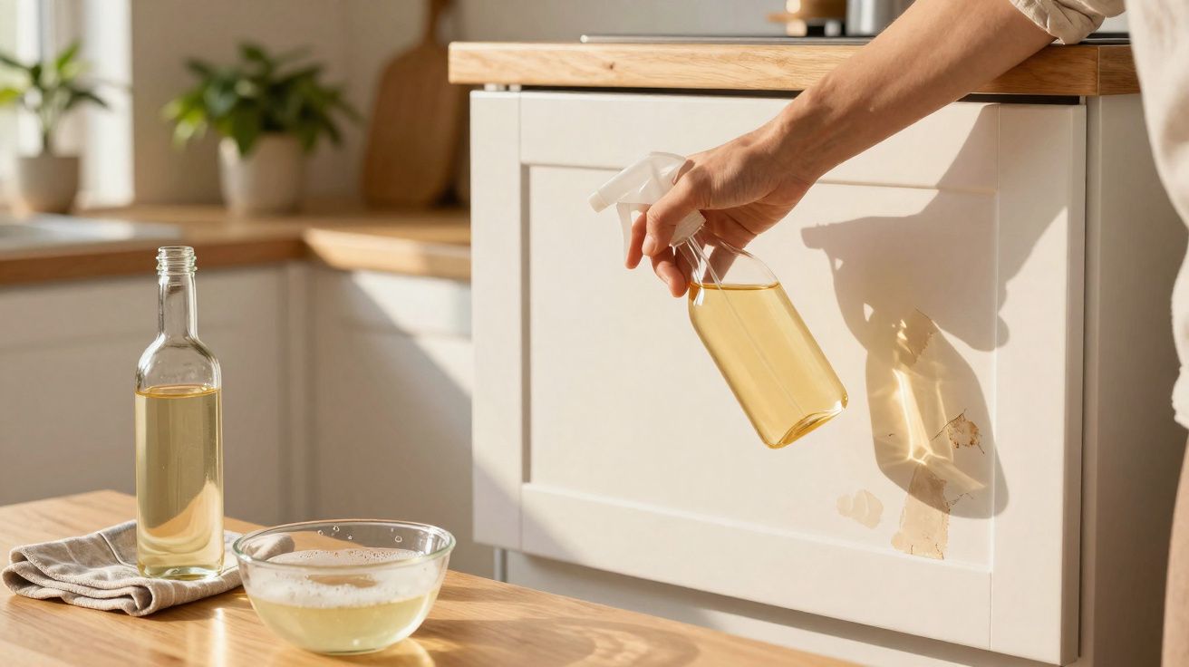 Hand spraying natural cleaning solution on white kitchen cabinet with bottle and bowl on wooden table.