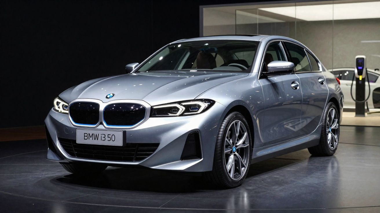 Silver BMW i3 50 electric car displayed indoors with charging station in the background.