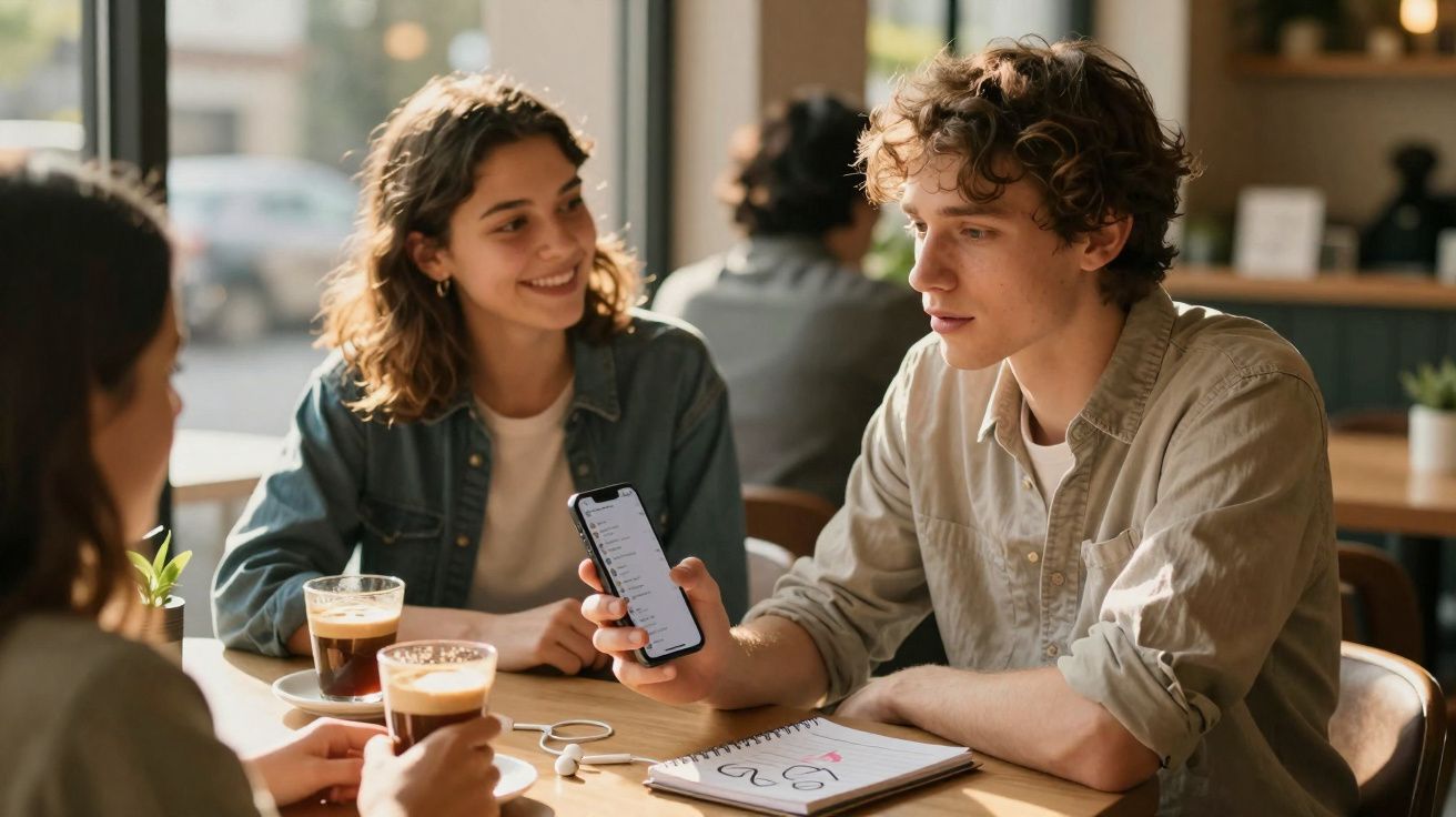 Three young adults sit at a café table with drinks, one showing a smartphone screen to others.