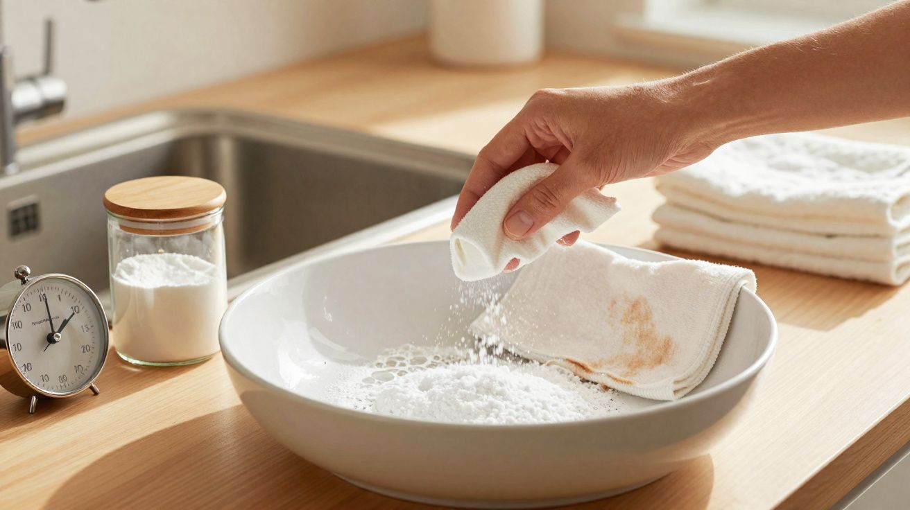 Hand sprinkling baking soda onto a stained cloth in a white basin on a wooden countertop.