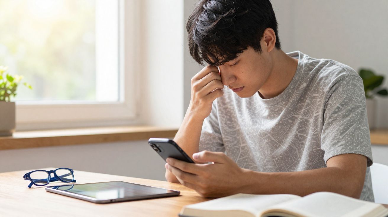 Young man sitting at a desk, holding a smartphone and rubbing his eyes, with glasses, tablet, and an open book nearby.