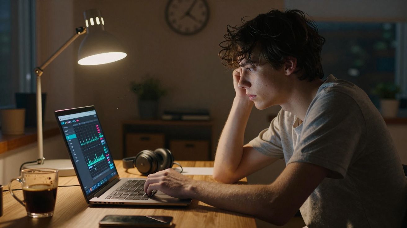 Young man concentrating on laptop with graphs in dimly lit room, surrounded by headphones and coffee mug.