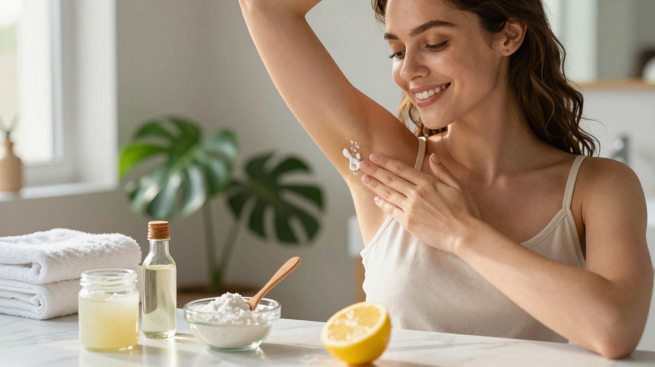 Woman applying natural deodorant cream to her underarm at a table with skincare ingredients.