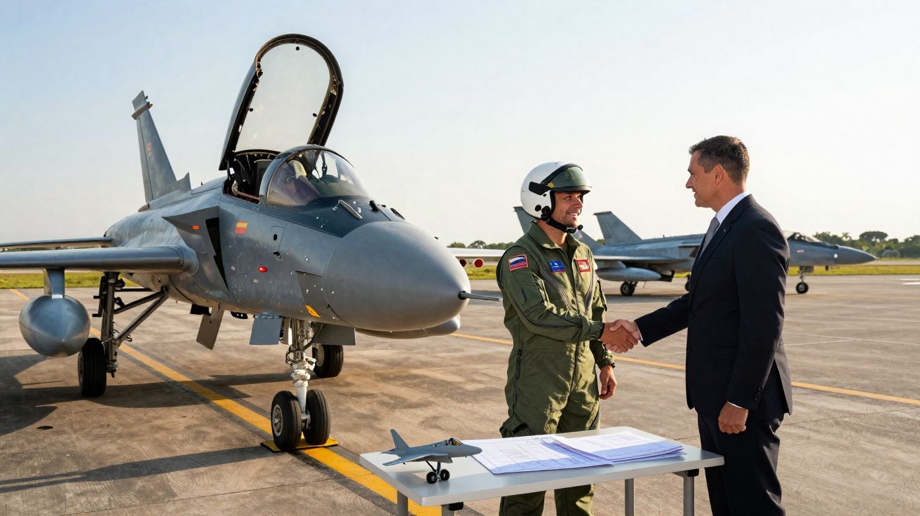 Pilot in flight suit and helmet shaking hands with man in suit beside parked fighter jets on runway.
