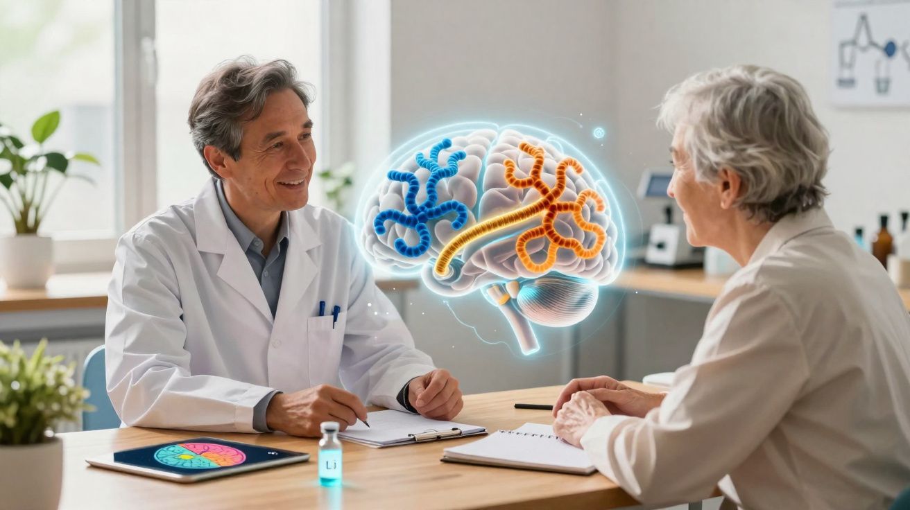Doctor discussing brain health with elderly patient, holographic brain model displayed between them.