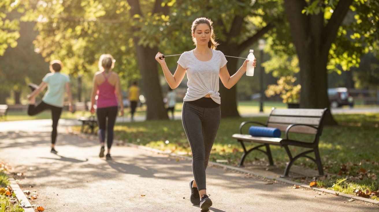 Young woman walking with a skipping rope and water bottle in a sunny park with others exercising nearby.