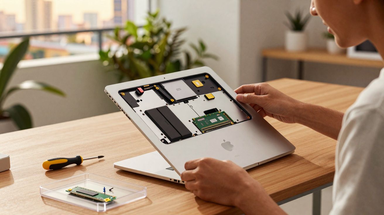 Person holding an open Apple laptop showing internal components on a wooden desk with tools nearby.