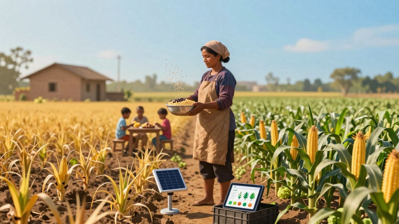 Woman spreading seeds in a field with children sitting at a table in the background and solar tech nearby.