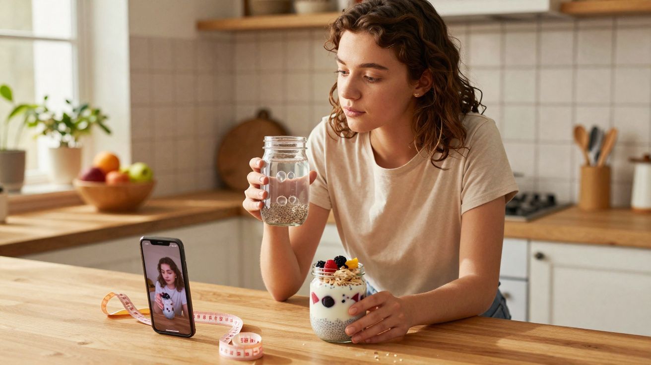 Young woman in kitchen holding a jar of chia seeds, with a yoghurt parfait and phone showing her image on the table