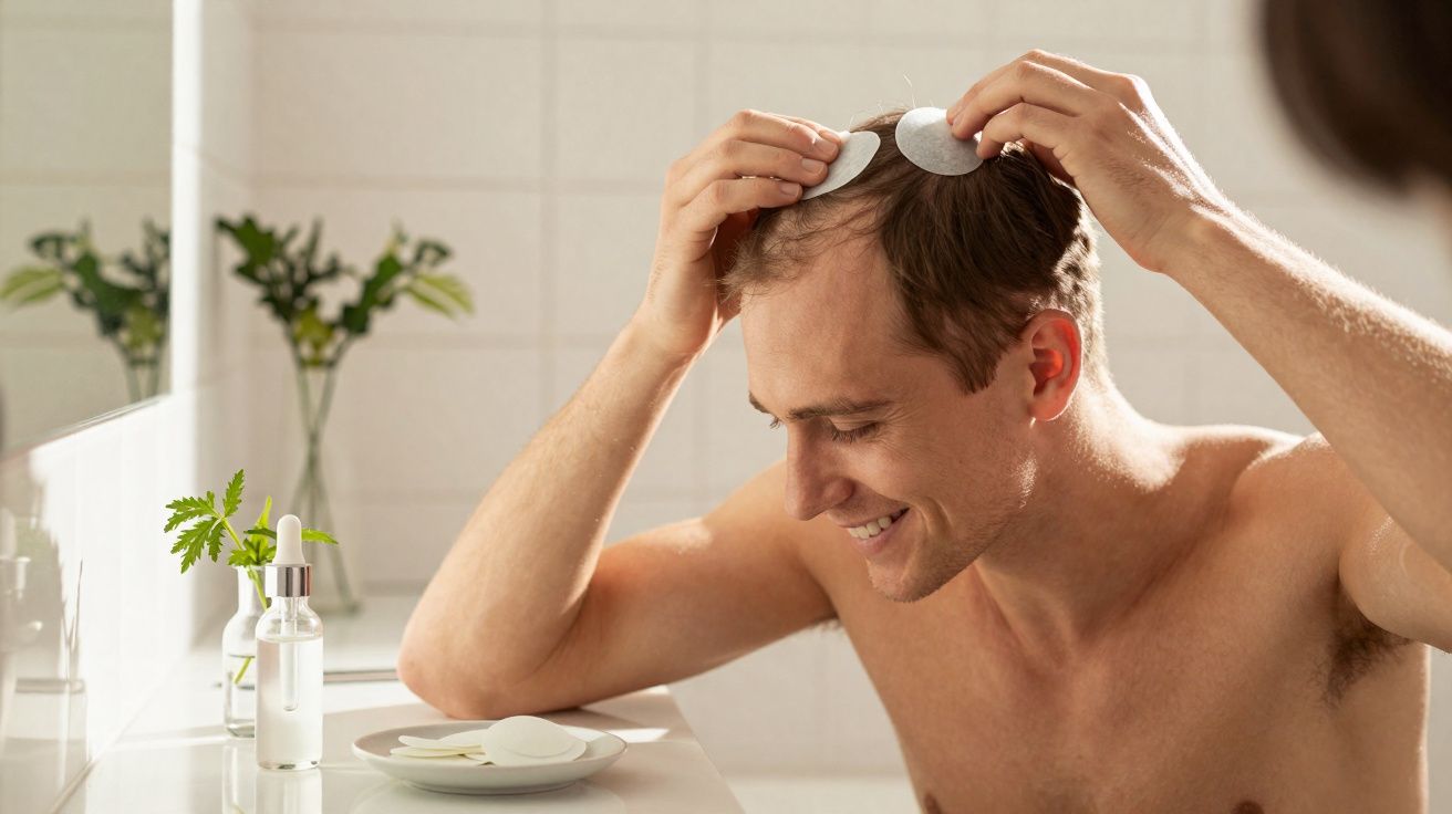 Smiling man applies round hair care patches to his scalp in a bright bathroom with plants on the counter.