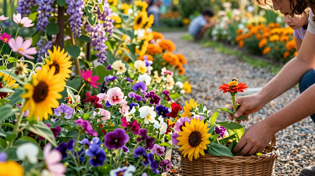 Person picking a red flower into a basket among vibrant sunflowers and colourful garden flowers on a gravel path.
