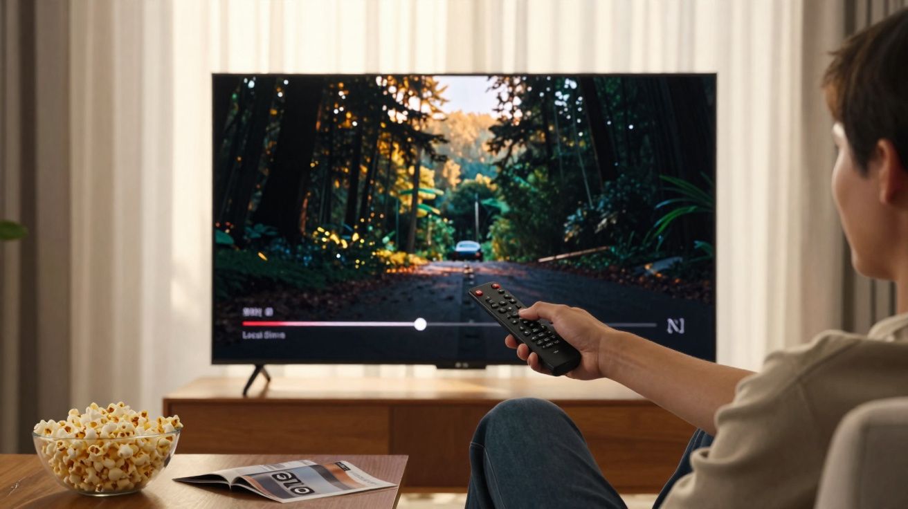 Person holding remote pointing at TV showing a forest road scene with popcorn and a magazine on the table.