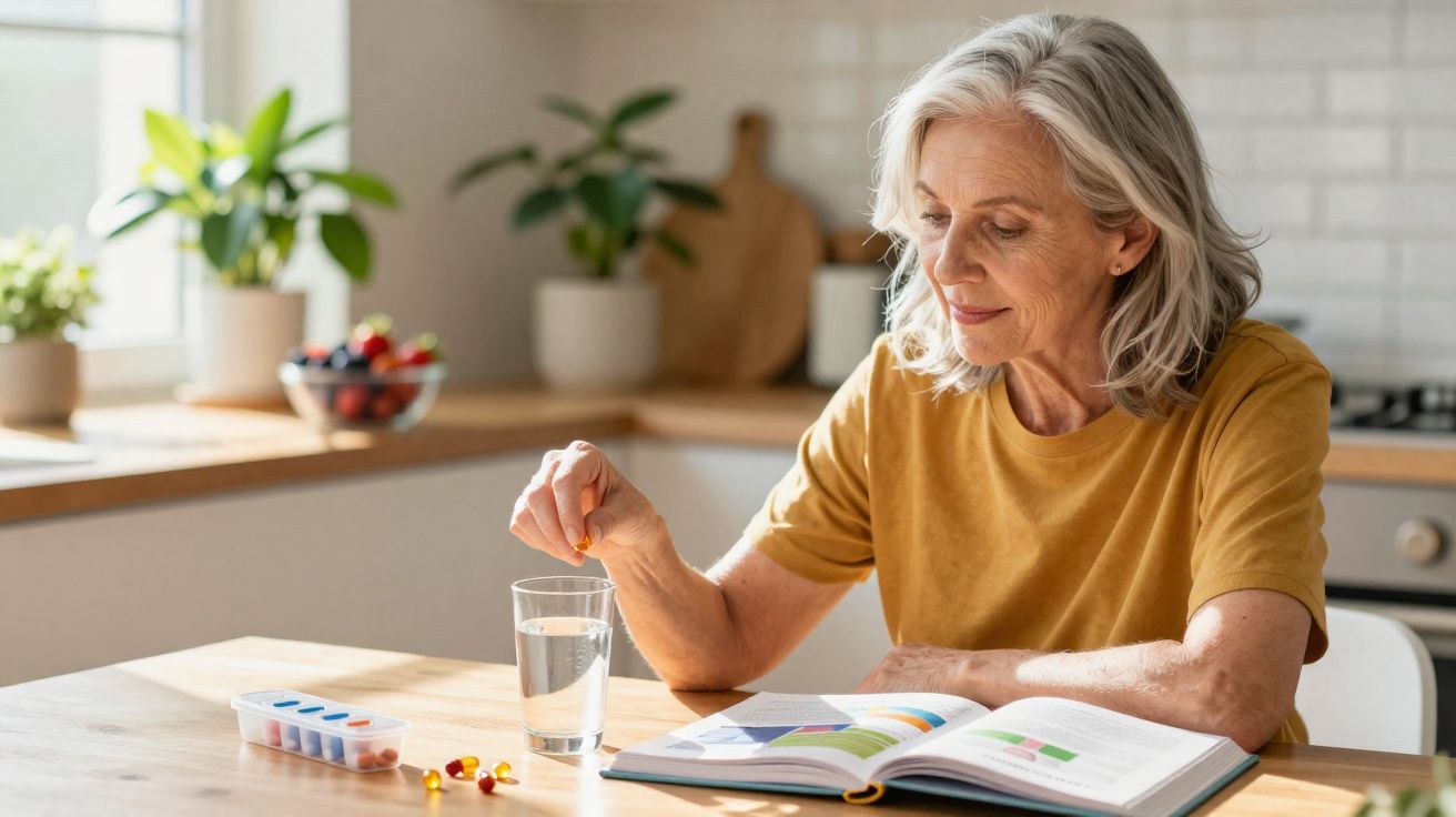 Older woman in yellow top taking medication with a glass of water while reading at a kitchen table.