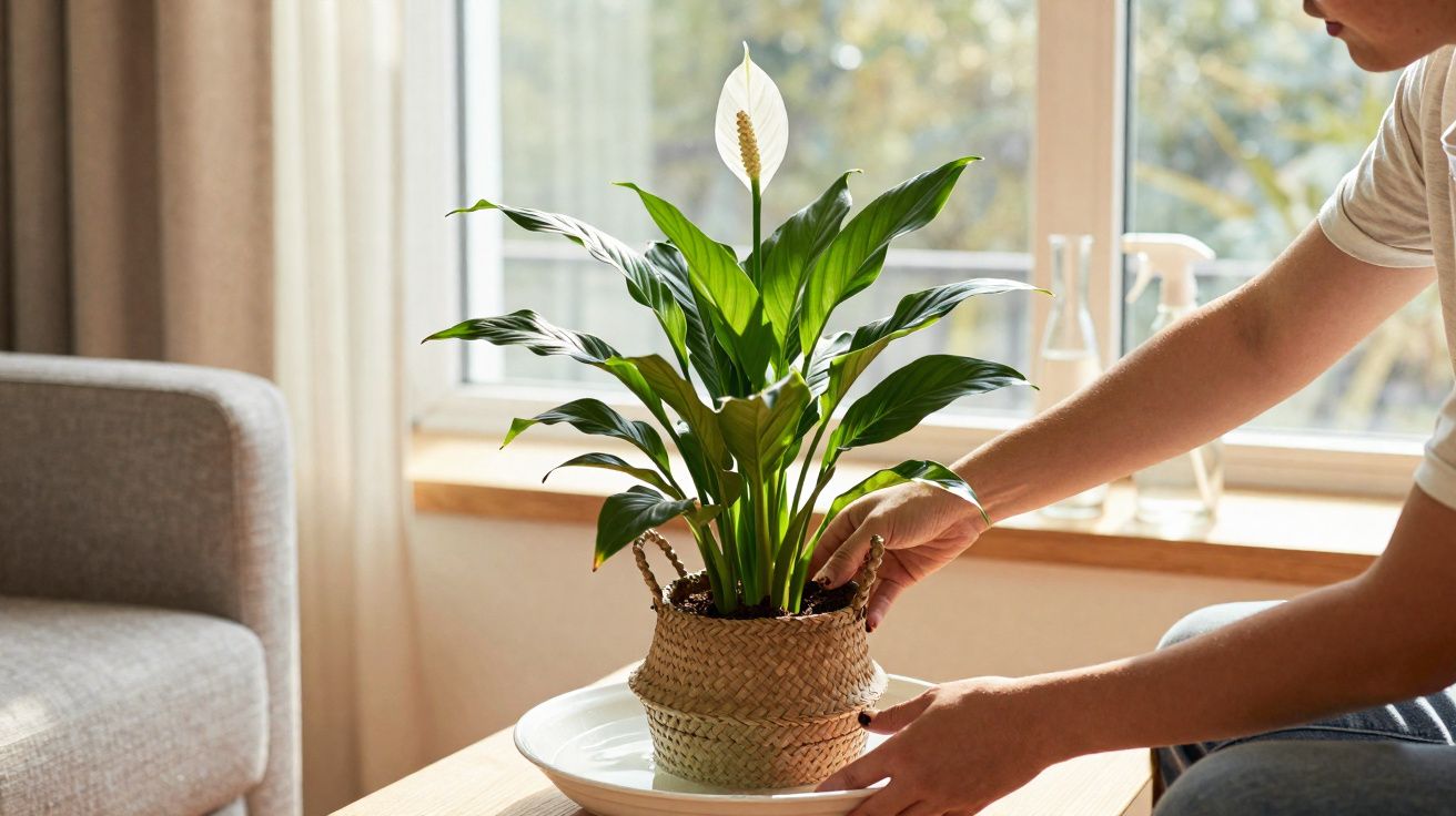 Person placing a potted peace lily plant in a woven basket on a white plate on a wooden table by a window.