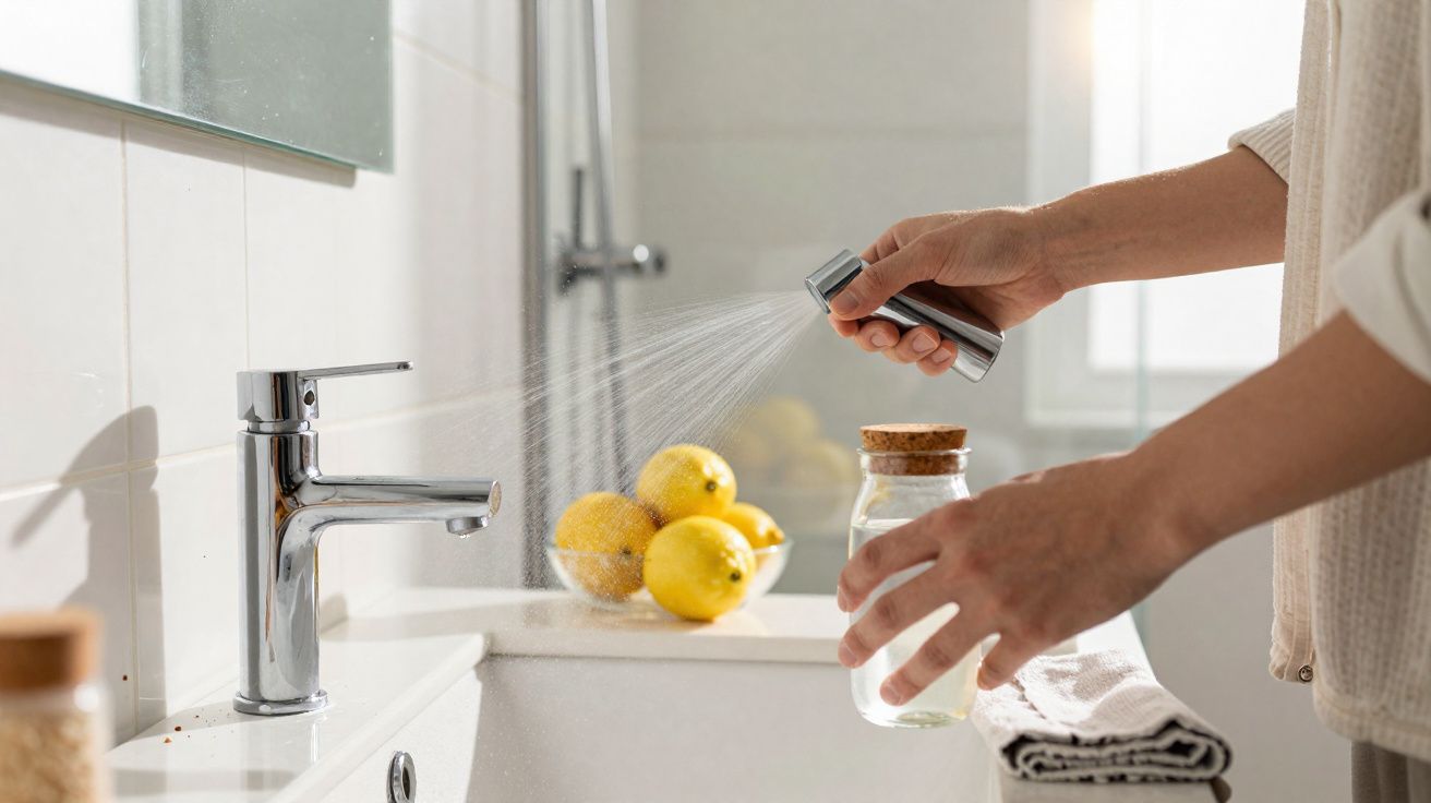 Person spraying water from a modern bathroom faucet handheld spray onto a glass bottle with lemons in the background.