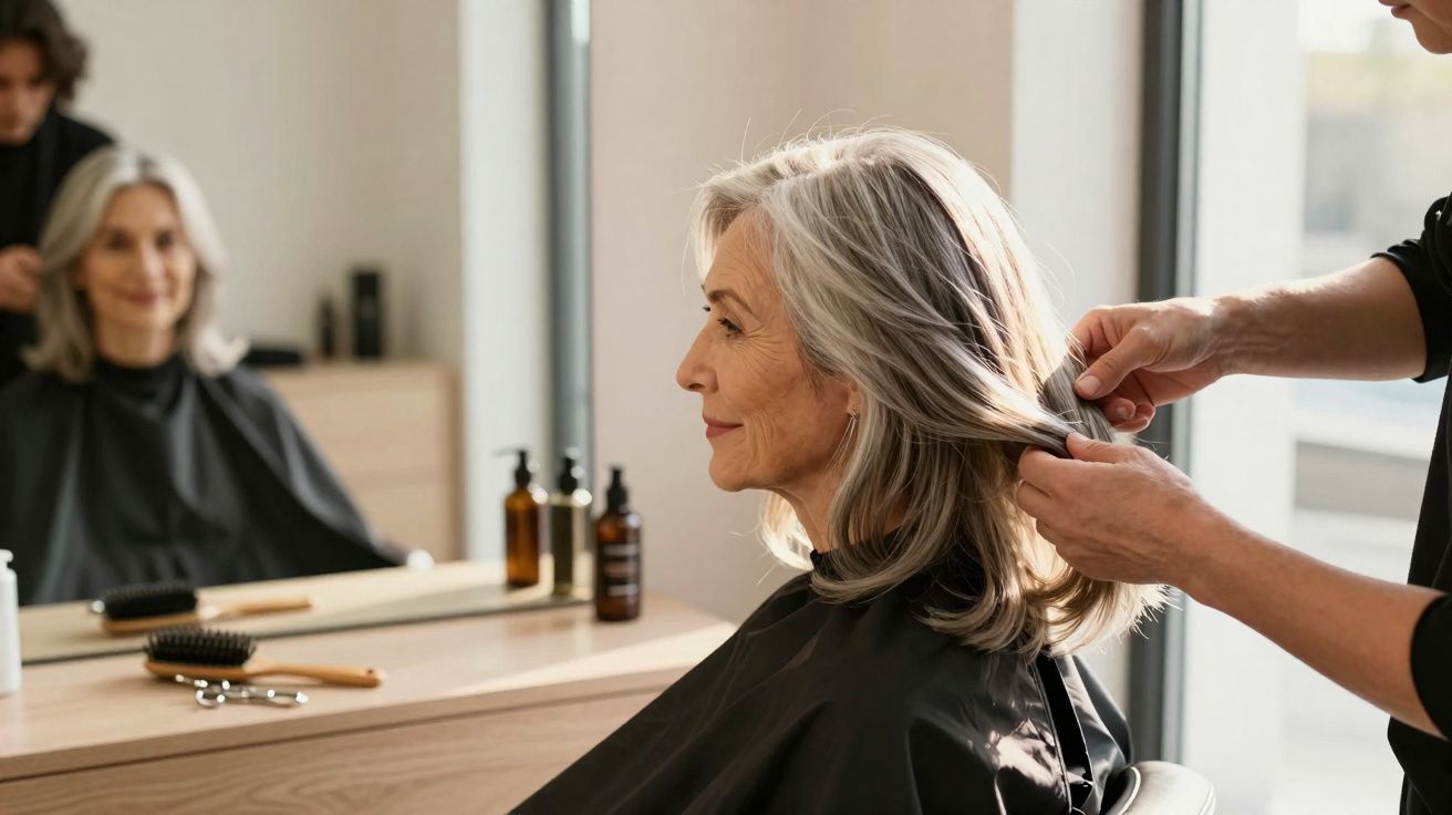 Older woman with grey hair getting a haircut at a salon, seated and looking at her reflection in the mirror.