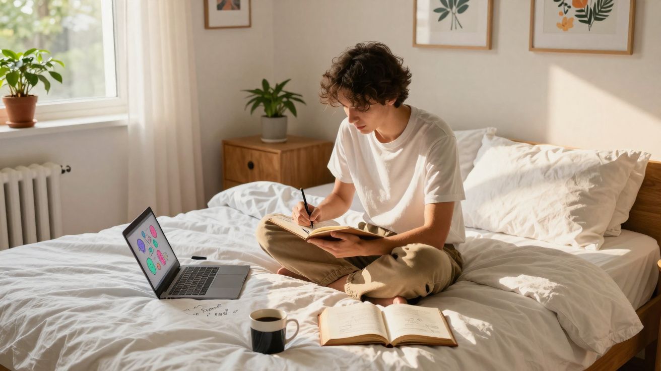 Young person sitting cross-legged on a bed, writing in a notebook with a laptop and coffee cup nearby.