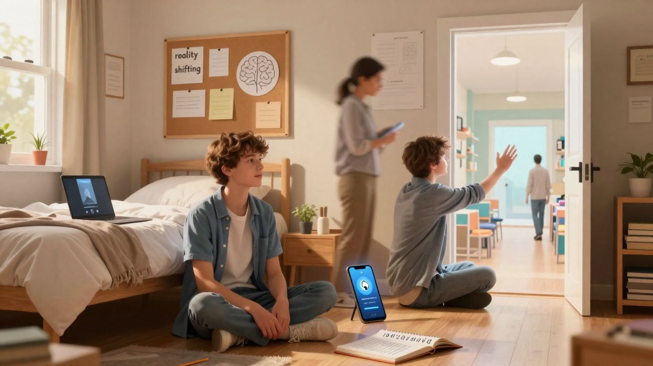 Two boys sitting on the bedroom floor using virtual reality devices while a woman walks by holding a tablet.