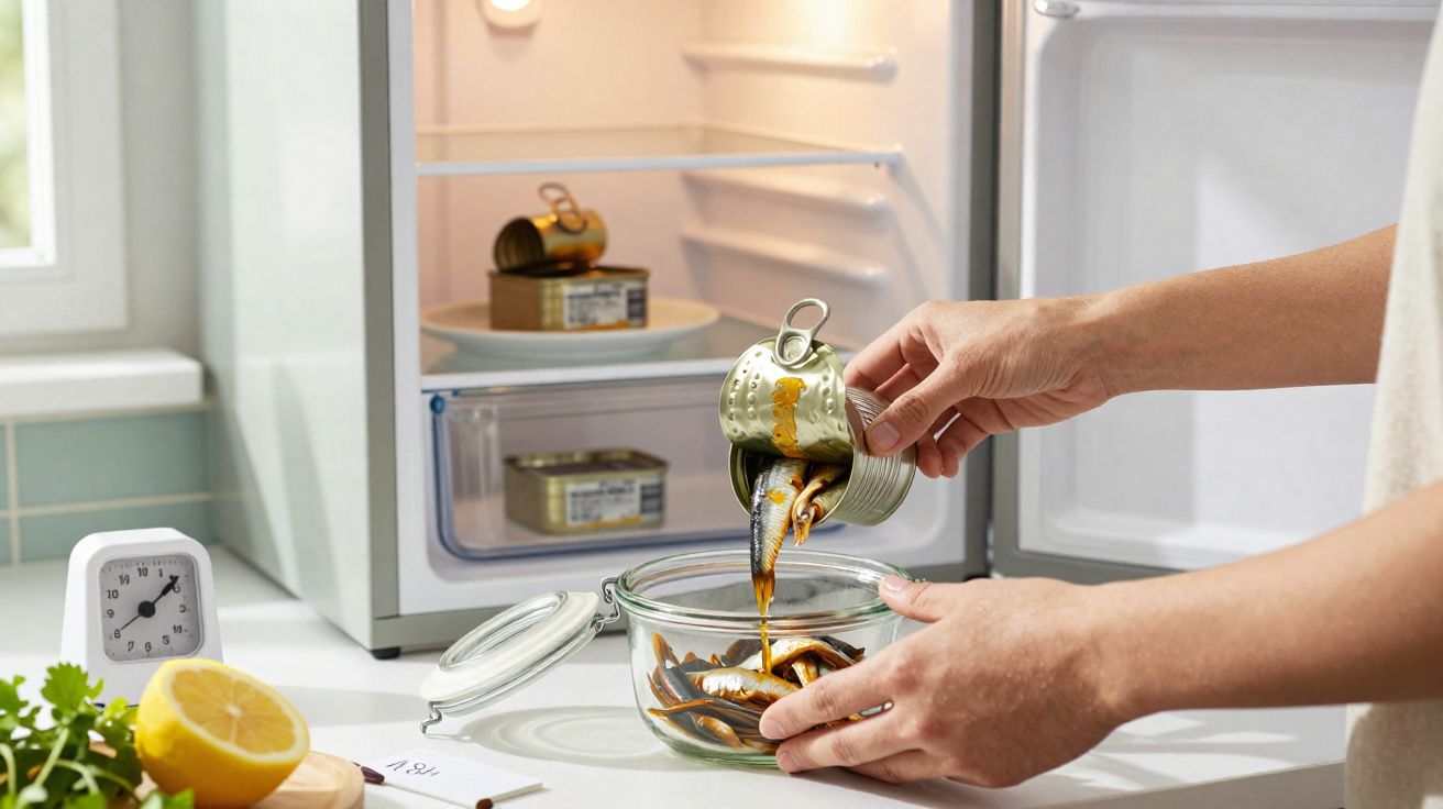 Hands pouring sardines from an open tin can into a glass bowl on a kitchen counter next to an open fridge.