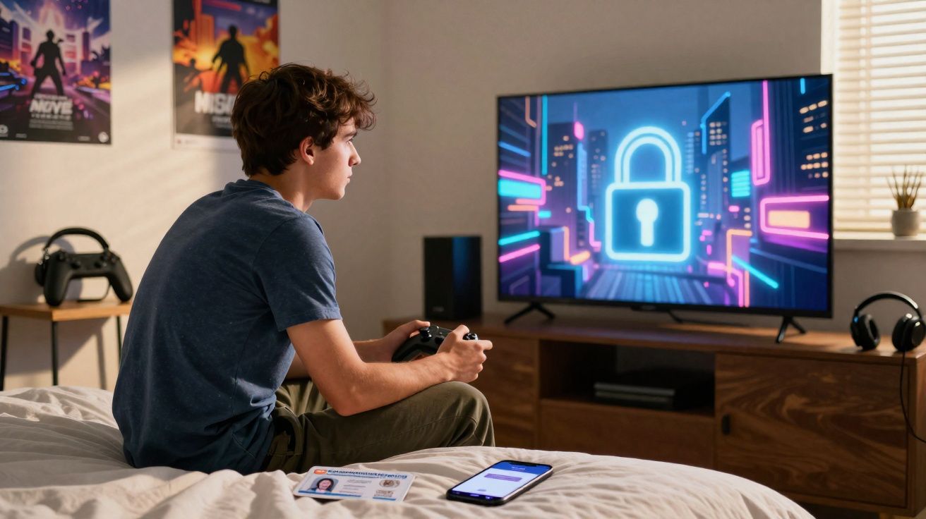 Teenage boy playing video games on a bed with a screen showing a digital lock symbol in a bedroom.