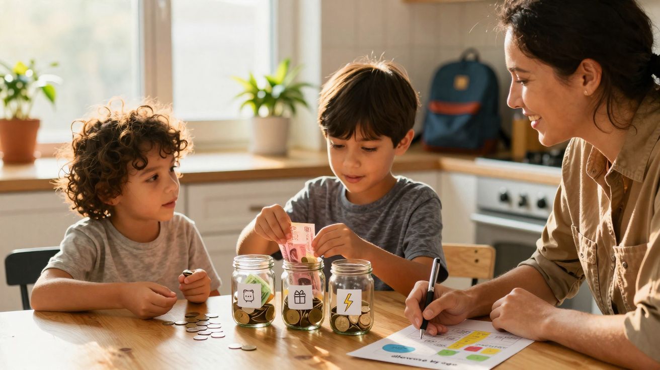 Woman teaching two boys about saving money using labelled jars and coins at a kitchen table.
