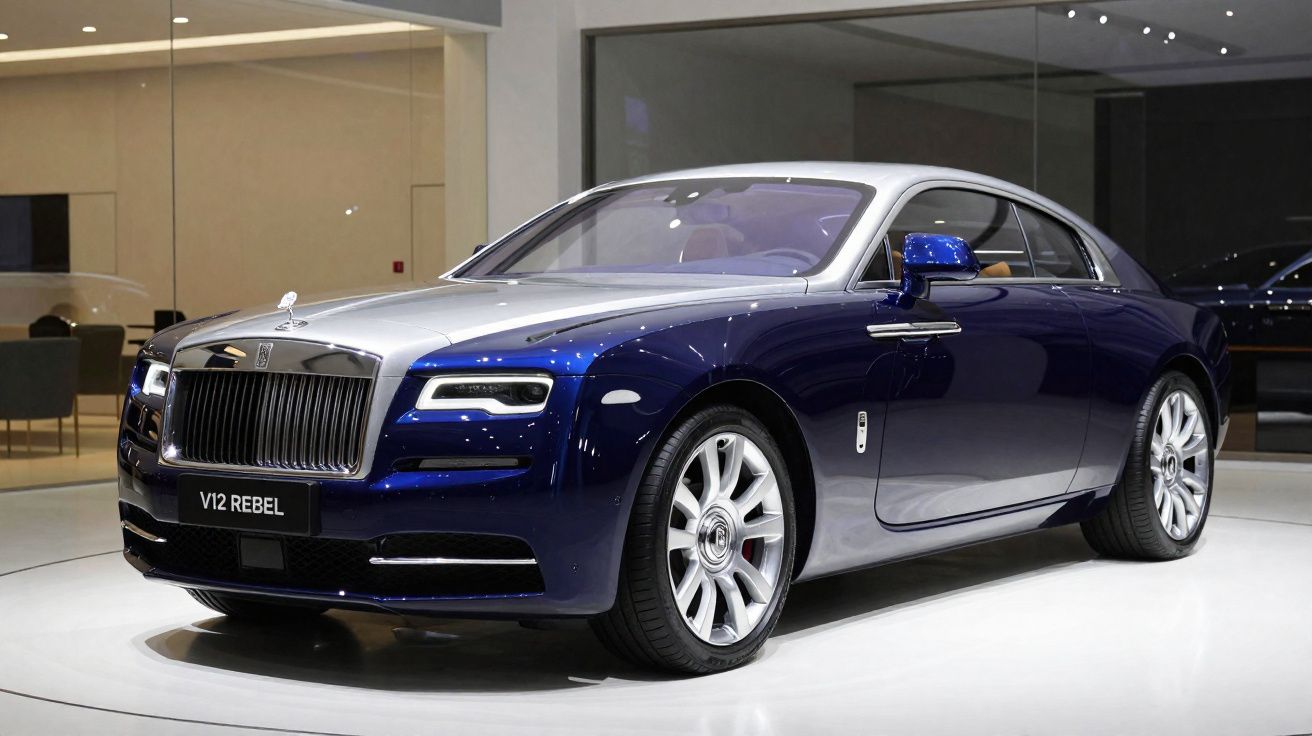 Luxury blue and silver Rolls-Royce V12 Rebel coupe displayed indoors on a white platform.