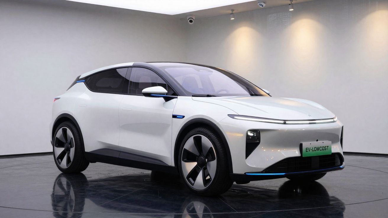 White futuristic electric SUV in a showroom with sleek design and black accents on wheels and windows.