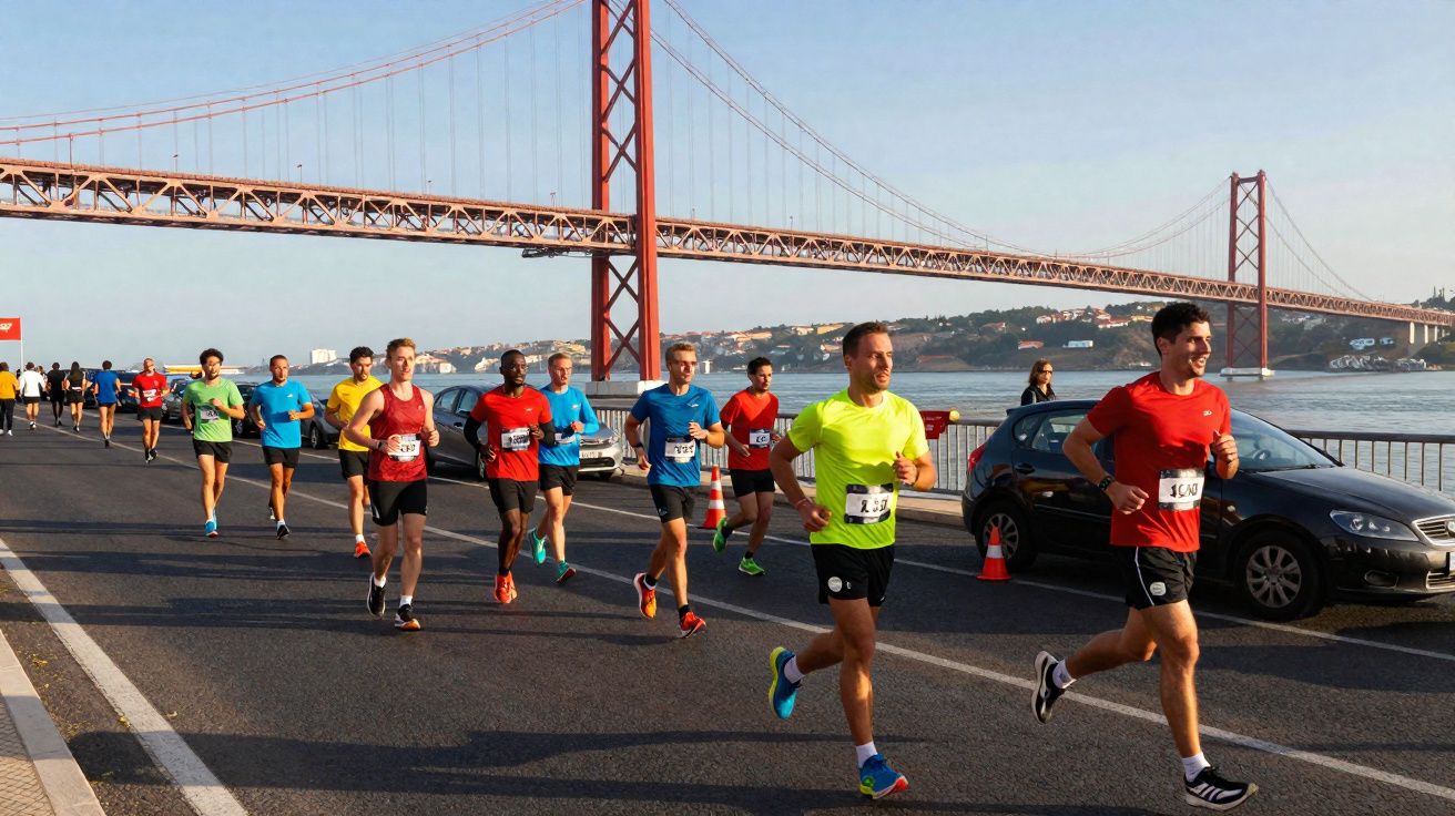 Runners participate in a marathon near a large red suspension bridge by the water on a sunny day.